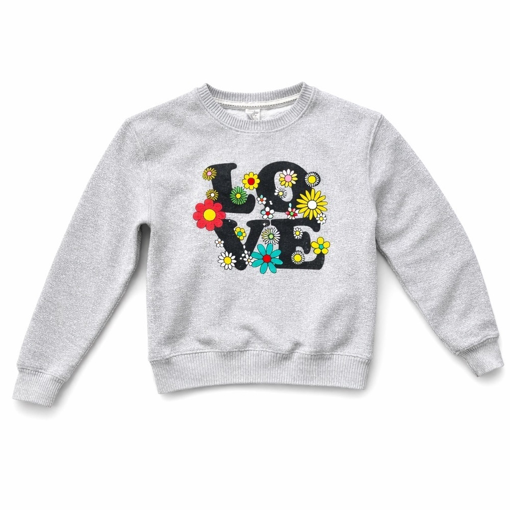 Girls Floral LOVE Sweatshirt Grey Cozy Crewneck Youth Small